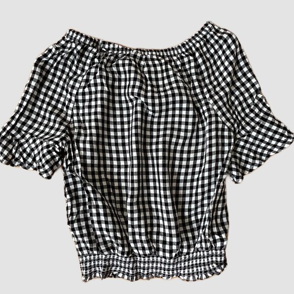 H&M BLACK & WHITE CHECKERED PEASANT STYLE PULLOVER BLOUSE GIRLS SIZE 12-13 - Picture 2 of 7